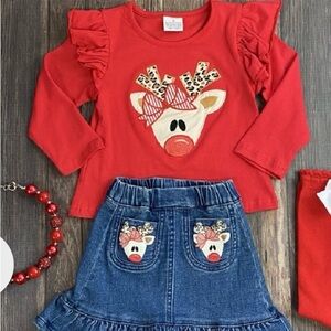 Red Reindeer Top and Denim Skirt Set